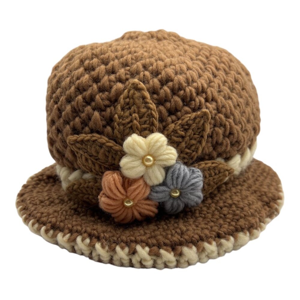 Handcrafted Brown Crochet Hat With Floral Accents